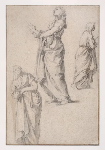 Three Studies of a Woman (recto); Woman from the Back, Study of Legs (verso) by Abraham Bloemaert, drawing, 1620-1625