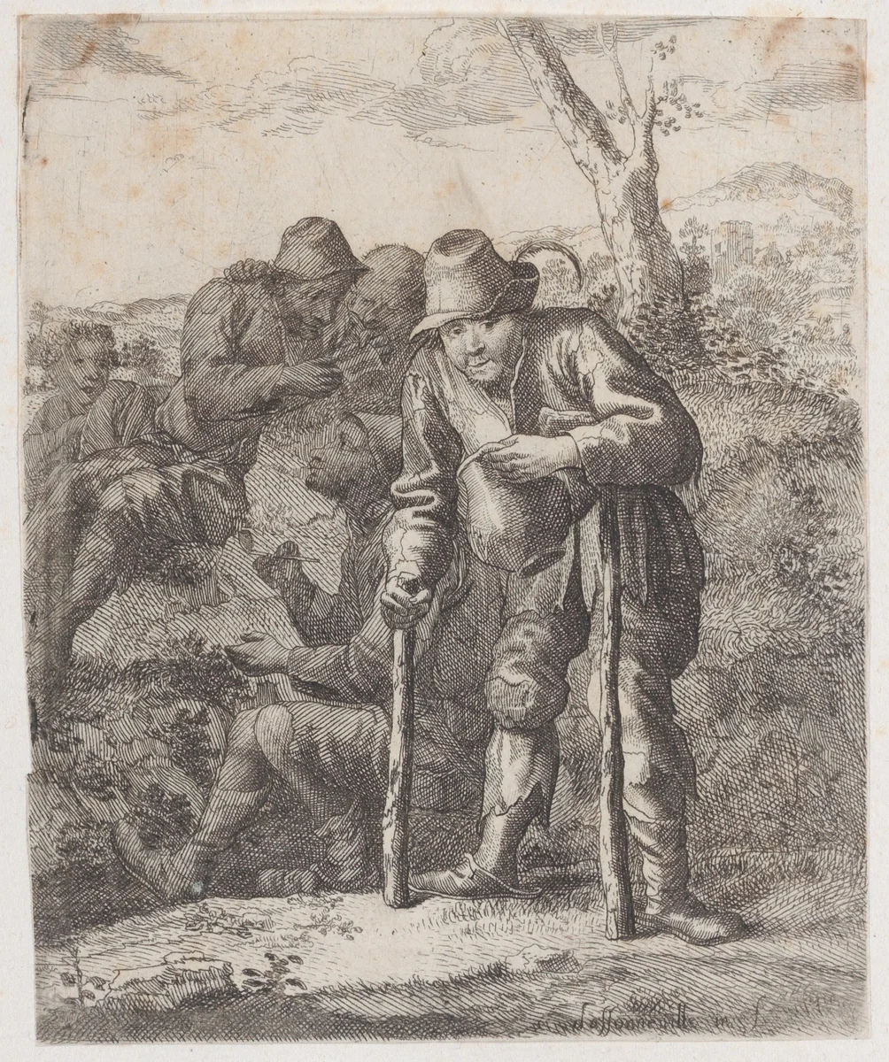 Five beggars in the countryside by Jacques Dassonville, print, 1635-1675