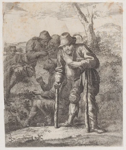 Five beggars in the countryside by Jacques Dassonville, print, 1635-1675