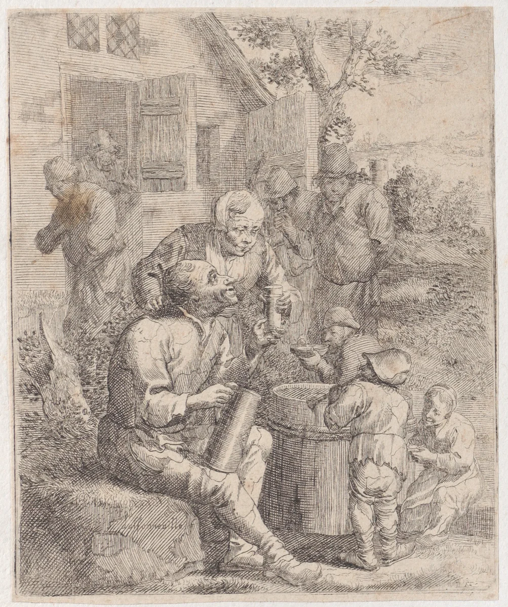 Nine peasants outside of a rustic house, with a seated man holding a pint and giving a glass to a woman in the foreground by Jacques Dassonville, print, 1635-1675