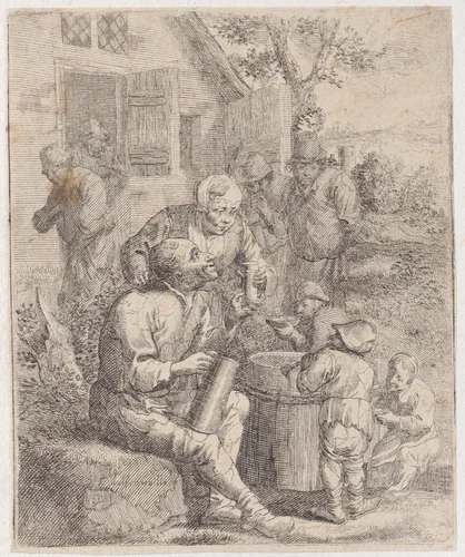 Nine peasants outside of a rustic house, with a seated man holding a pint and giving a glass to a woman in the foreground by Jacques Dassonville, print, 1635-1675