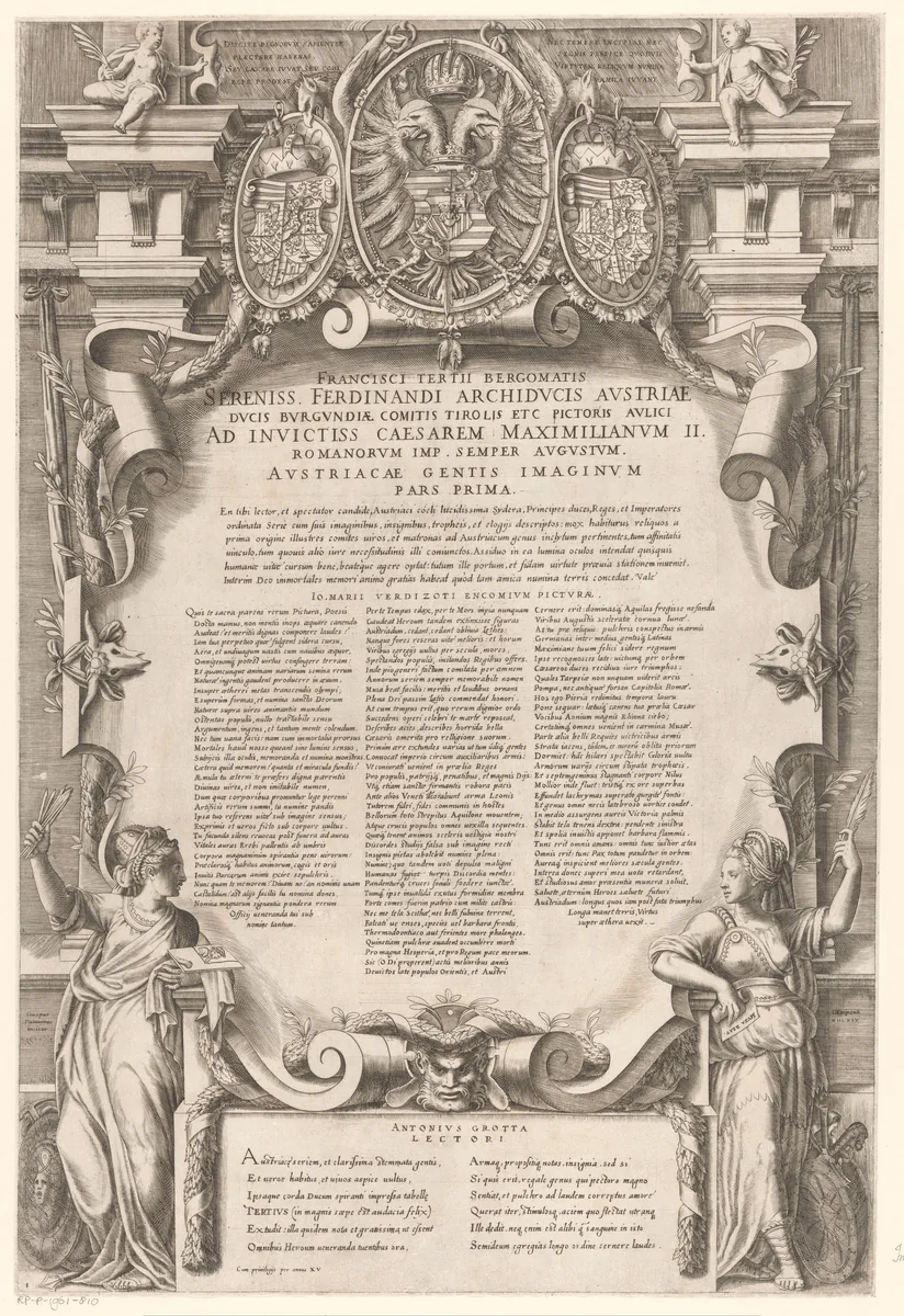 Titelprent met tekst, allegorische figuren, wapenschilden, ornamenten en putti by Unknown, print, 1569