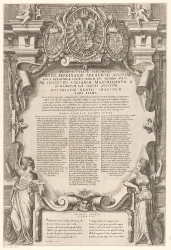 Titelprent met tekst, allegorische figuren, wapenschilden, ornamenten en putti by Unknown, print, 1569
