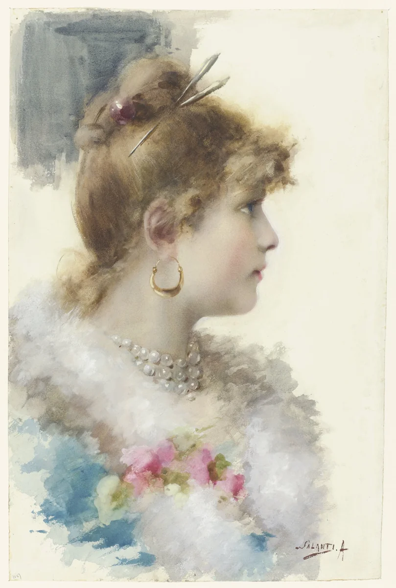 Buste van een jonge vrouw, in profiel naar rechts by A. Salanti, drawing, 1800-1892