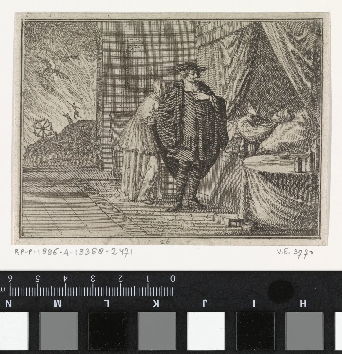 Stervende ziet de vlammen van de hel vanuit zijn bed by Caspar Luyken, print, 1710
