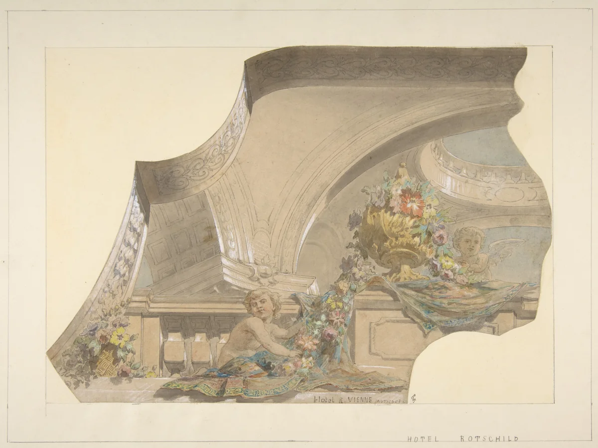 Ceiling and Cove Designs for Stairway, Hôtel Rothschild, Vienna by Jules-Edmond-Charles Lachaise, drawing, 1850-1900