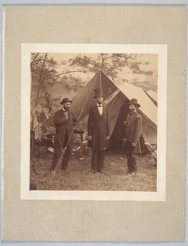 [President Abraham Lincoln, Major General John A. McClernand (right), and E. J. Allen (Allan Pinkerton, left), Chief of the Secret Service of the United States, at Secret Service Department, Headquarters Army of the Potomac, near Antietam, Maryland] by Alexander Gardner, photograph, 1862