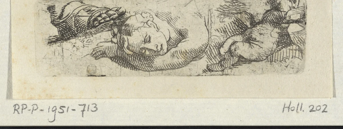 Studieblad met een voet, een slapende vrouw en een liggend kind by Cornelis Schut, print, 1618-1655
