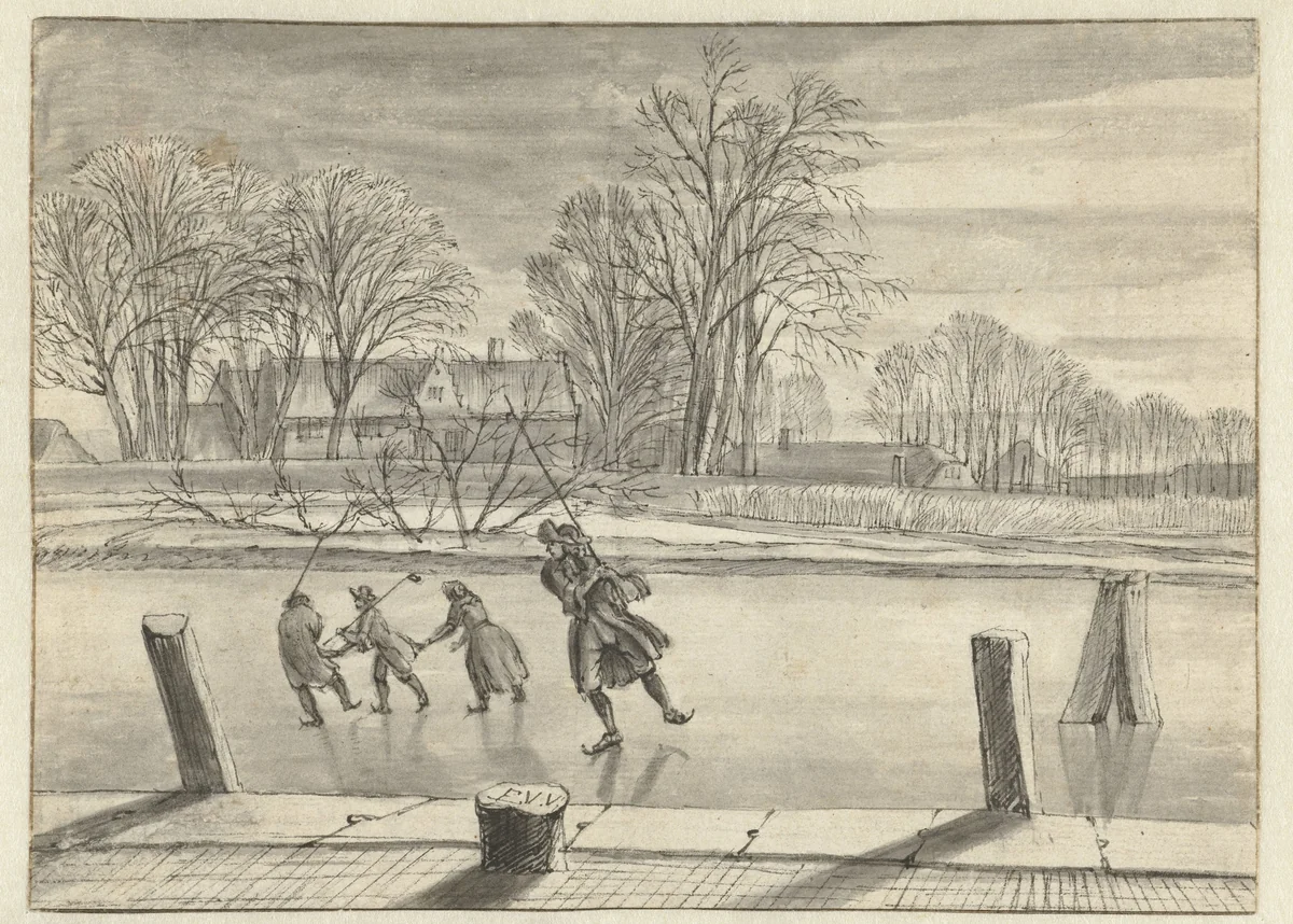 Winter Landscape with Four Skaters by Abraham Rutgers, drawing, 1650-1699