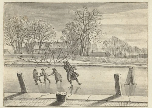 Winter Landscape with Four Skaters by Abraham Rutgers, drawing, 1650-1699