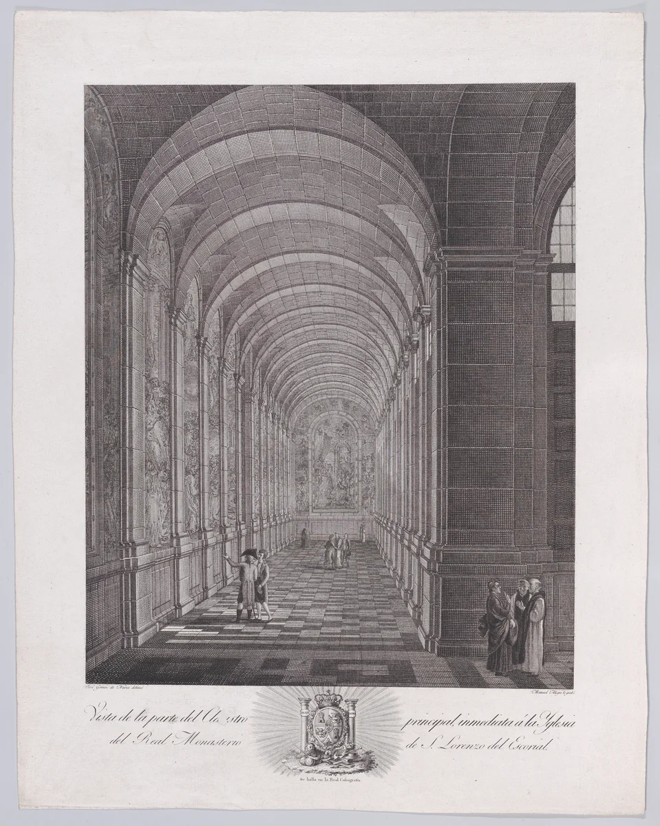 View of the cloister of the Church of the monastery of El Escorial, from "Views of El Escorial" by Manuel Alegre, print, 1785-1795