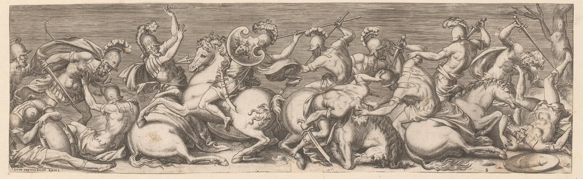Gevecht tussen Romeinse cavaleristen en infanteristen by Unknown, print, 1528-1583
