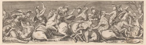 Gevecht tussen Romeinse cavaleristen en infanteristen by Unknown, print, 1528-1583