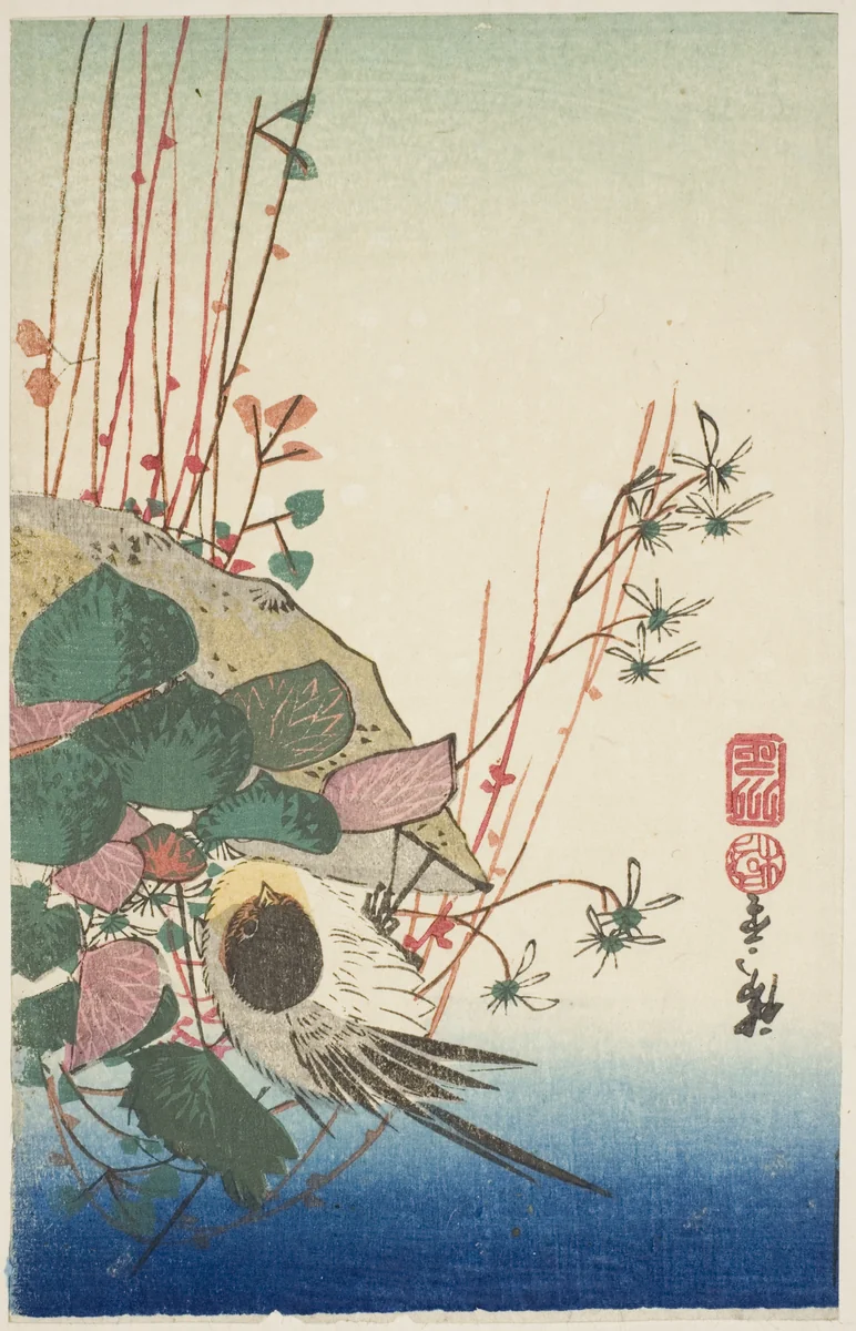 Sparrow on a hanging planter by Utagawa Hiroshige (歌川広重), print