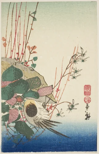 Sparrow on a hanging planter by Utagawa Hiroshige (歌川広重), print