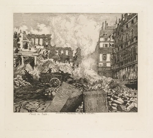 Paris en Train. Démolition du théâtre du Vaudeville: rue du Dix-Decembre by Alfred Taiée, print, 1869