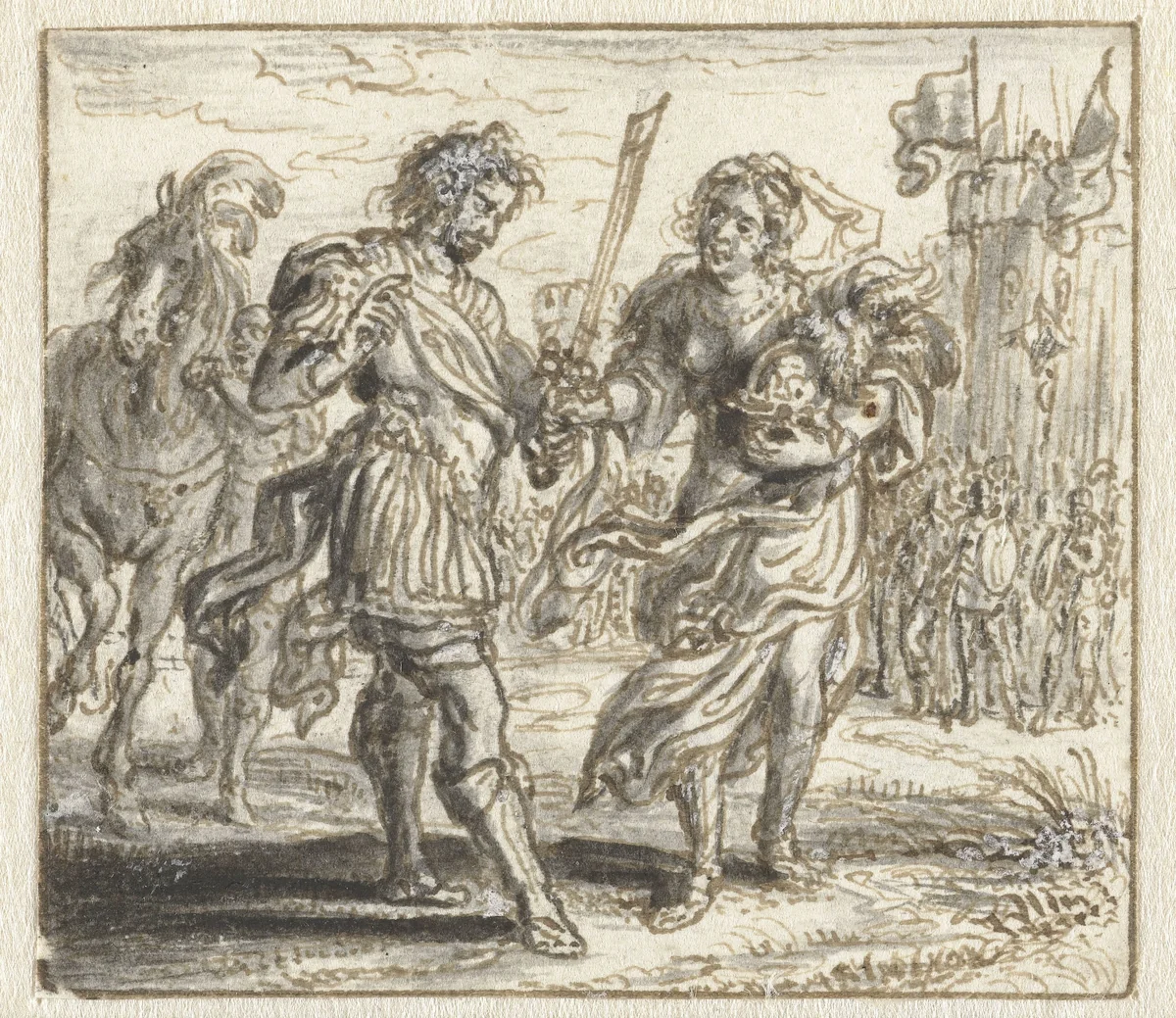 Andromache Taking Leave of Hector by Adriaen Pietersz van de Venne, drawing, 1634