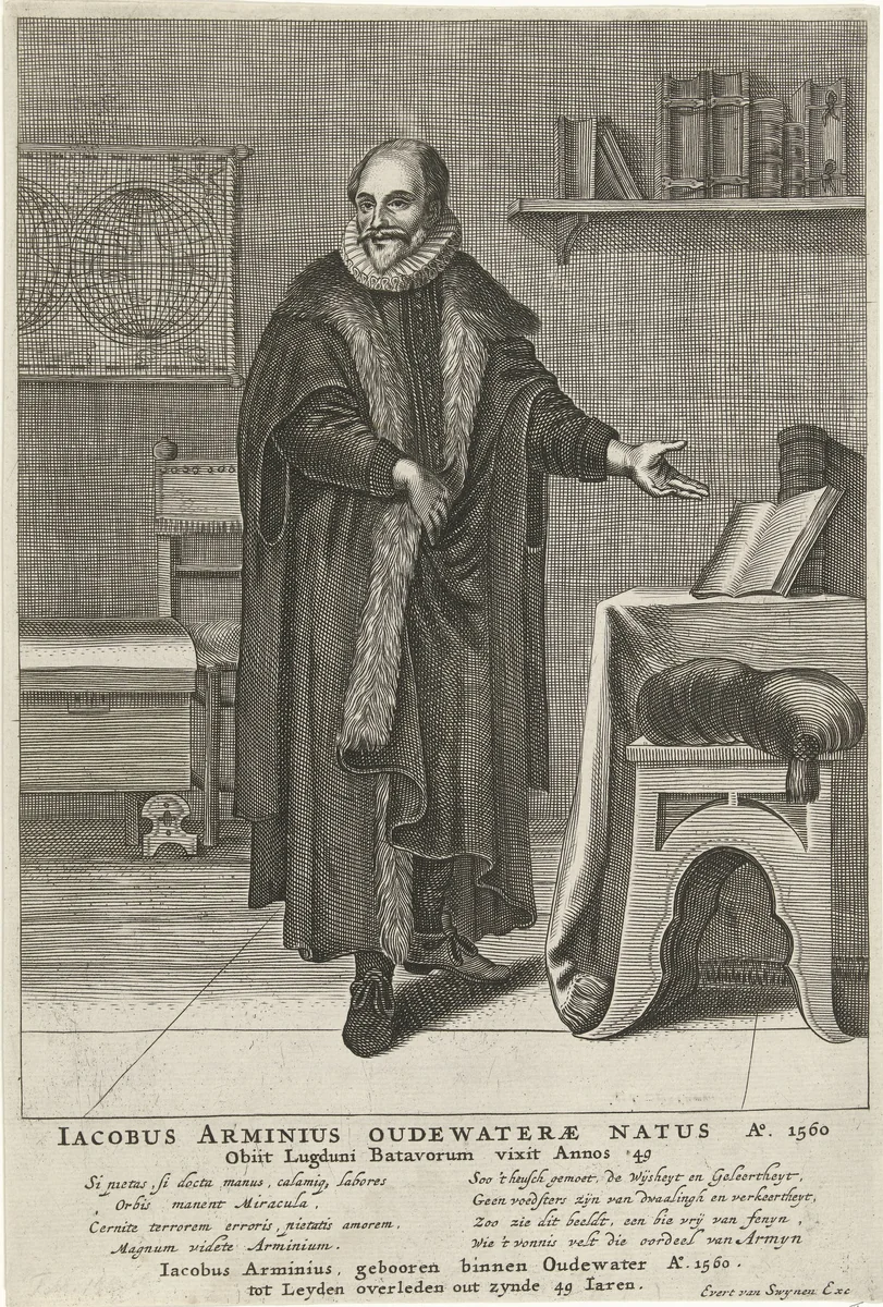 Portret van Jacobus Arminius by Pieter Holsteyn, print, 1624-1673