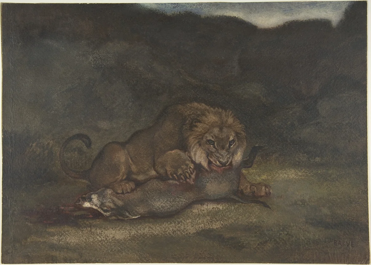 Lion Devouring Prey by Antoine-Louis Barye, drawing, 1810-1875