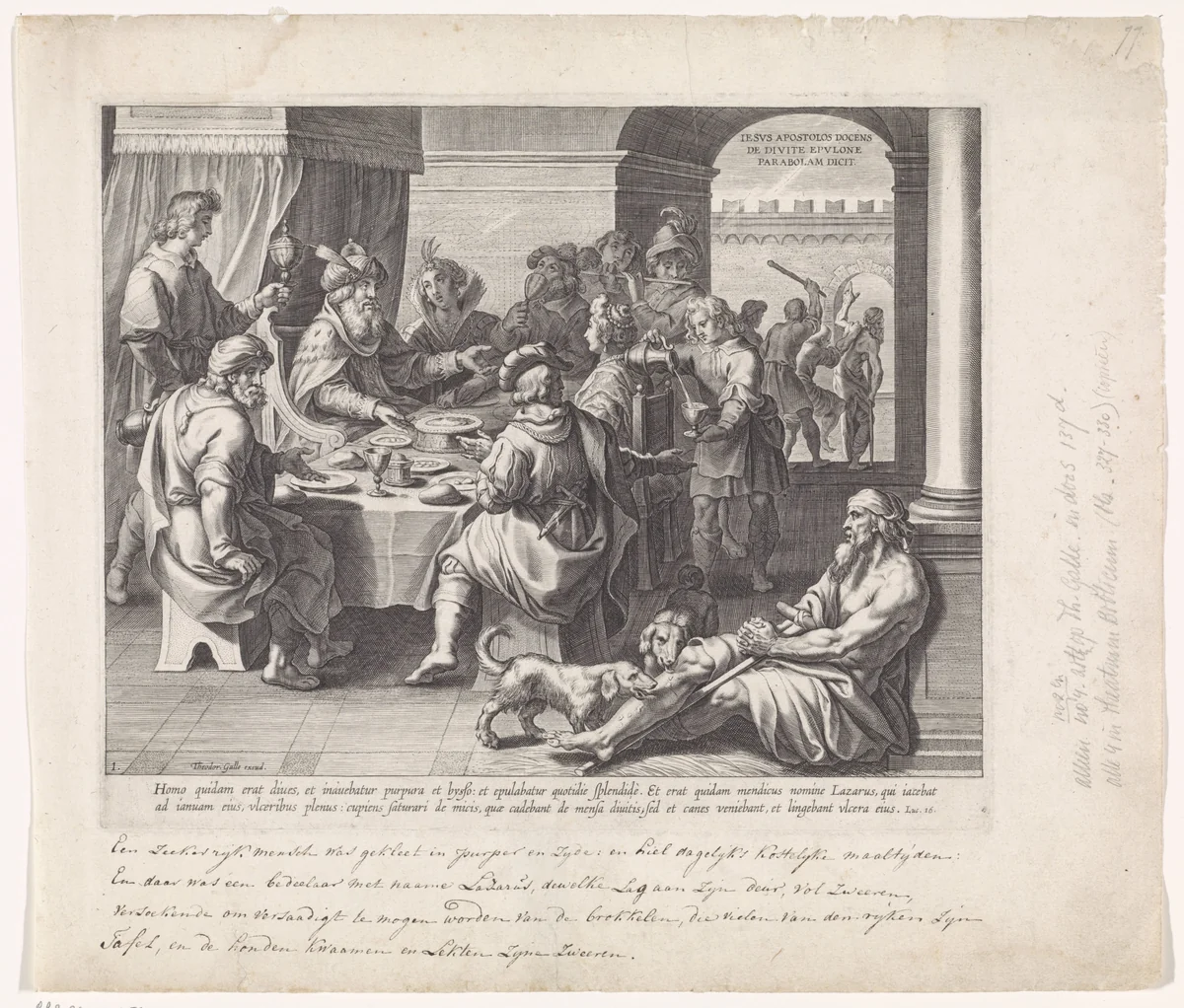 Lazarus bedelt aan de feestdis van de rijke man by Unknown, print, 1581-1633