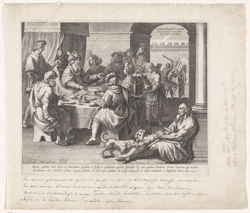 Lazarus bedelt aan de feestdis van de rijke man by Unknown, print, 1581-1633