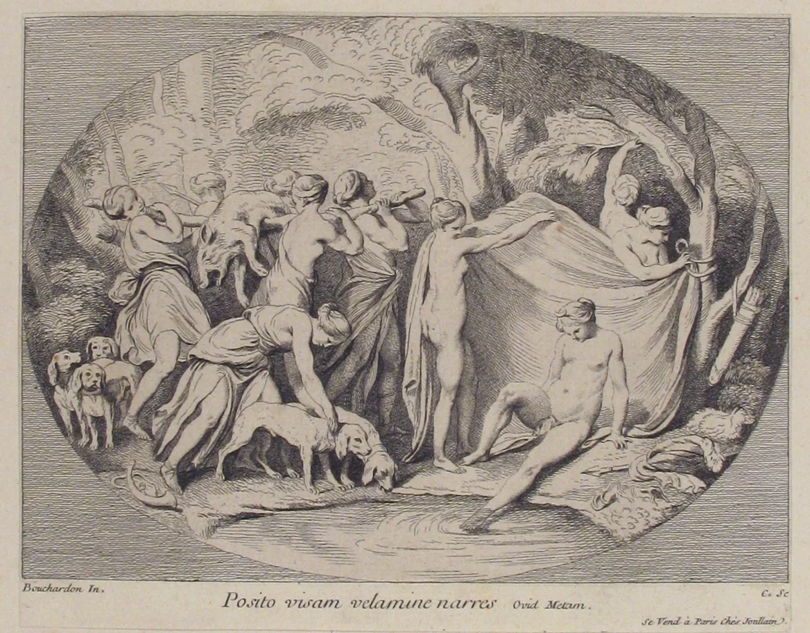 Diana at the Bath After Returning from the Hunt by Anne Claude Philippe de Tubières, print, 1725-1765