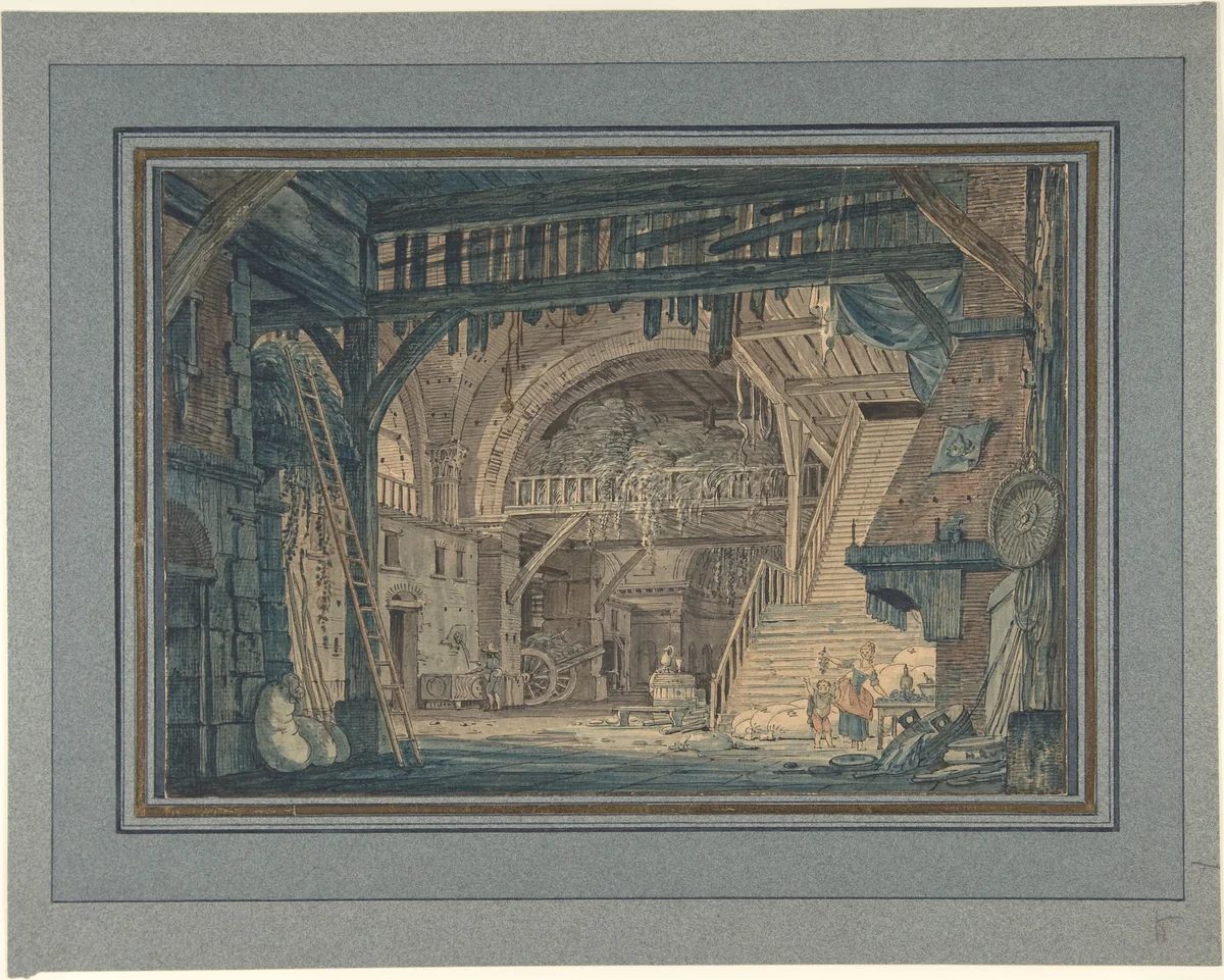 Stage Set Design of an Ancient Roman Ruin being Converted into a Barn by Johann Heinrich Ramberg, drawing, 1783-1840