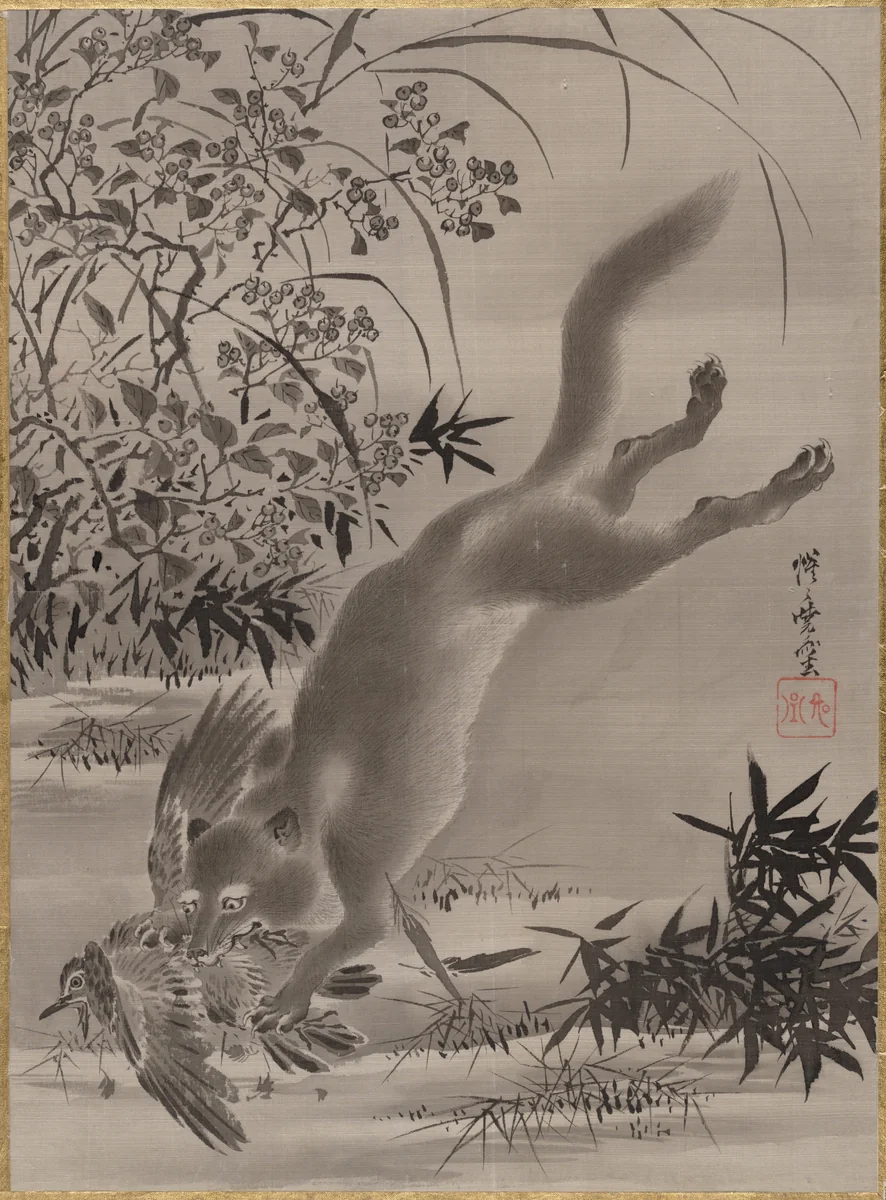 Fox Catching Bird by Kawanabe Kyōsai (河鍋暁斎), painting, 1877-1897
