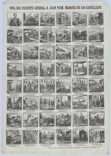 Broadside with 48 scenes relating to the life of General Juan Prim y Prats, 1st Marquis of Los Castillejos by Antonio Bosch, print, 1861