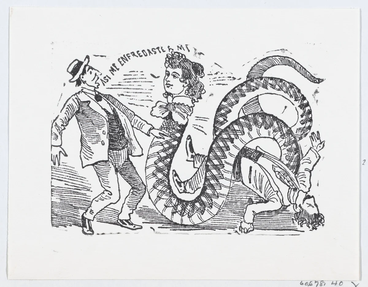 A snake with a woman's head slithering towards a scared man, an illustration from 'The Ballad of the Snake Woman' (reprinted 1930) by José Guadalupe Posada, print, 1881-1913