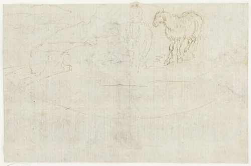 Twee paarden met een berijder bij een drenkplaats by Stefano della Bella, drawing, 1644