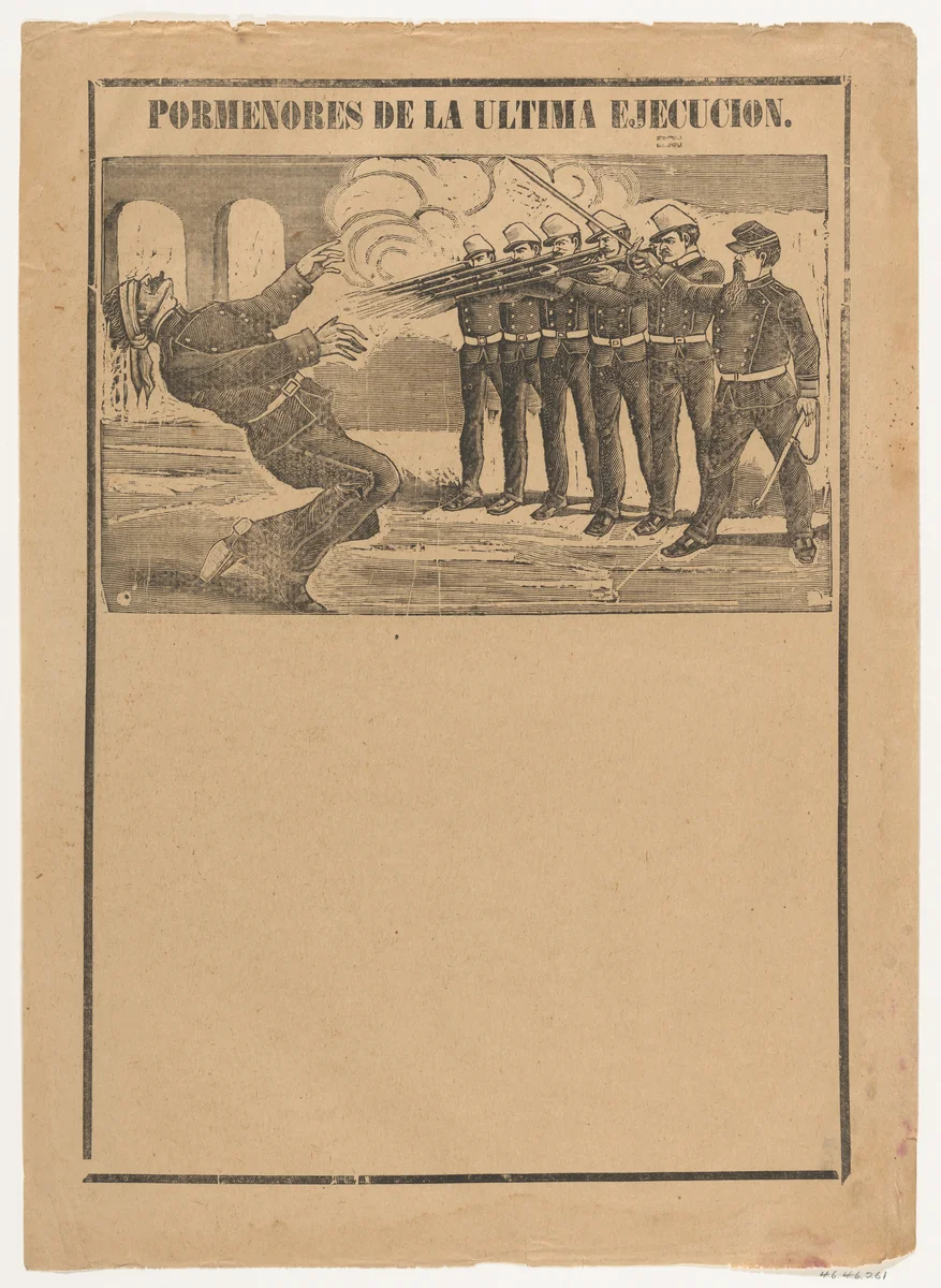 Broadsheet showing a blindfolded man being executed (no letterpress in bottom section) by José Guadalupe Posada, print, 1885-1895