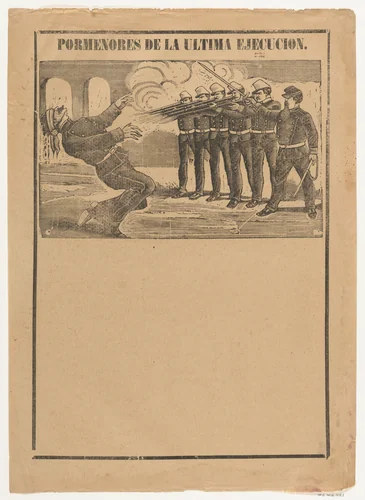 Broadsheet showing a blindfolded man being executed (no letterpress in bottom section) by José Guadalupe Posada, print, 1885-1895