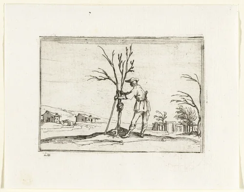 Een tuinman verzorgt een jonge boom by Jacques Callot, print, 1621-1635