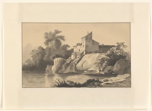 Huis aan een meer by Johannes van Reijn, drawing, 1800-1900