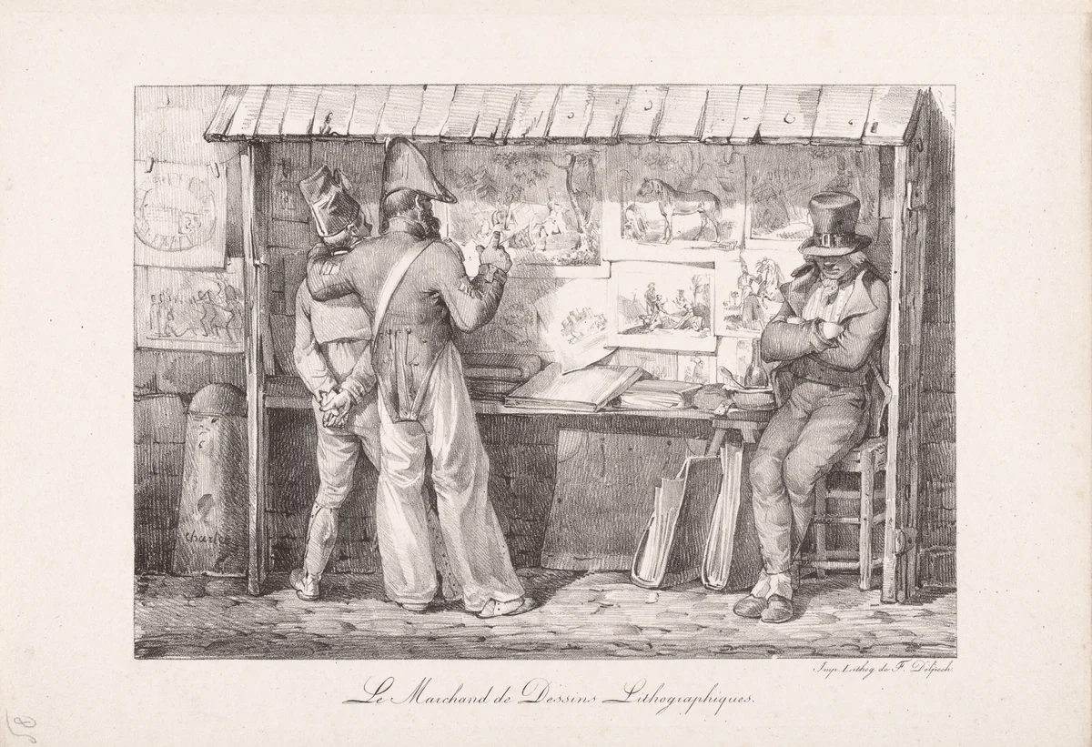 Le Marchand de dessins lithographiques (The Lithograph Seller) by Nicolas Toussaint Charlet, print, 1819