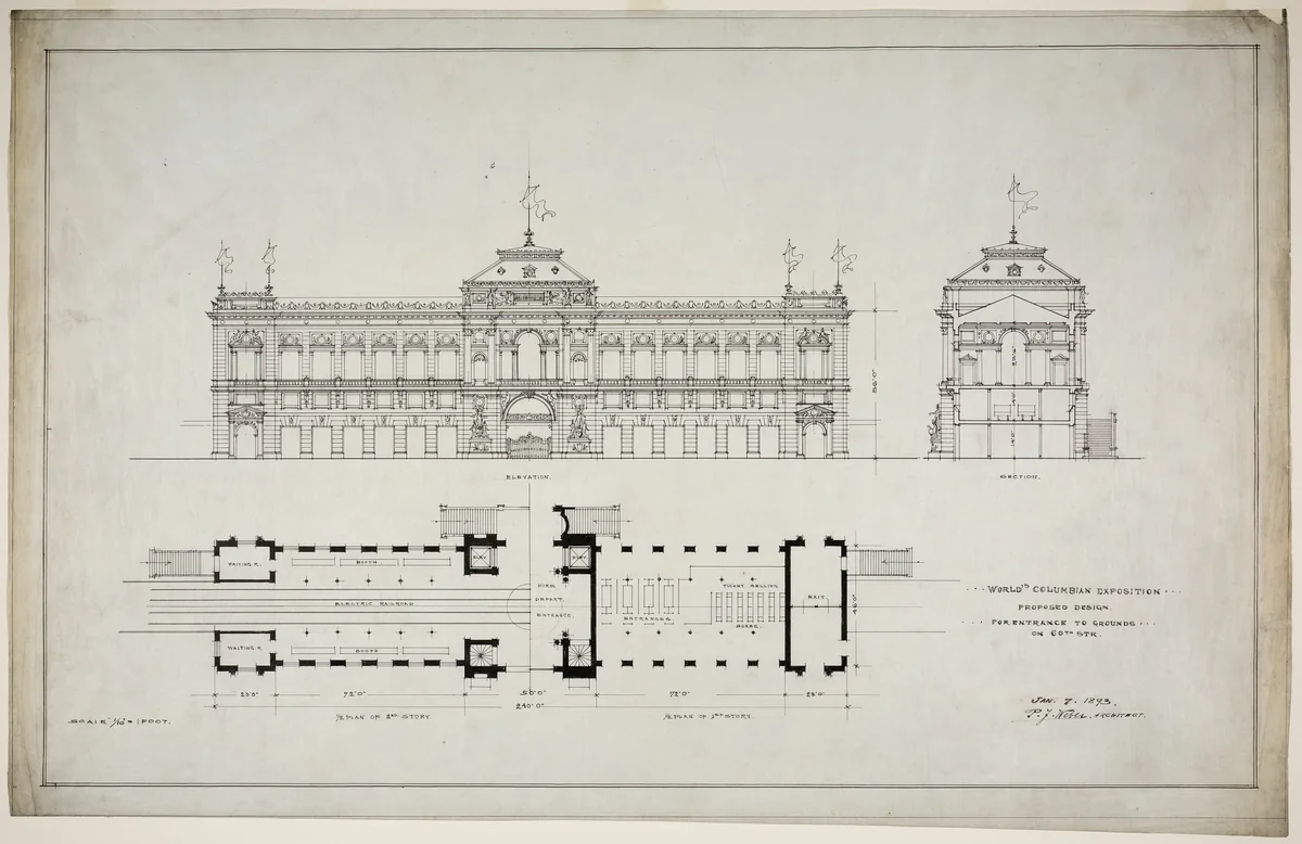 World's Colombian Exposition 60th Street Entrance, Chicago, Illinois, Plan and Elevation by Peter J. Weber, drawing, 1893