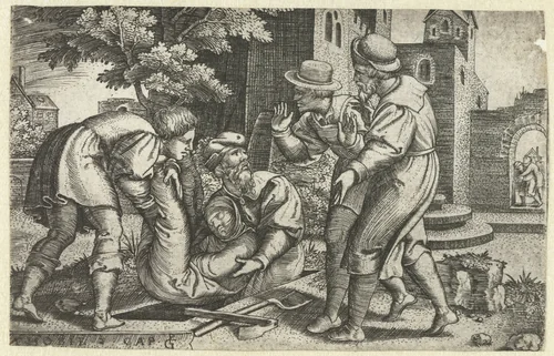 Tobit en Tobias begraven een lichaam by Unknown, print, 1543