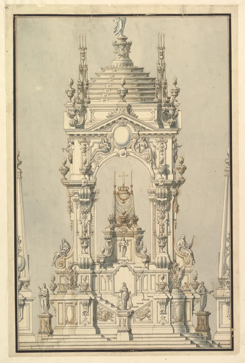 Elevation of a Catafalque with royal Crown and Order of the Golden Fleece, for a Duke of Lorraine, probably Leopold (d. 1729) by Giuseppe Galli Bibiena, drawing, 1729