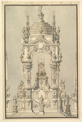 Elevation of a Catafalque with royal Crown and Order of the Golden Fleece, for a Duke of Lorraine, probably Leopold (d. 1729) by Giuseppe Galli Bibiena, drawing, 1729