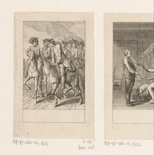 Incognito trekt Jonkheer Siegfried met zijn gevolg het land door by Daniel Nikolaus Chodowiecki, print, 1783