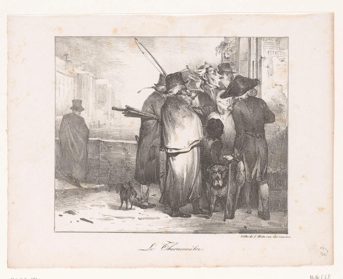 Mensen op straat kijken naar een thermometer by anonymous, print, 1817-1830