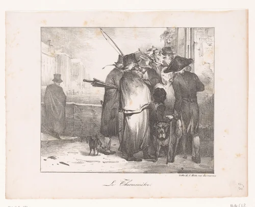 Mensen op straat kijken naar een thermometer by anonymous, print, 1817-1830