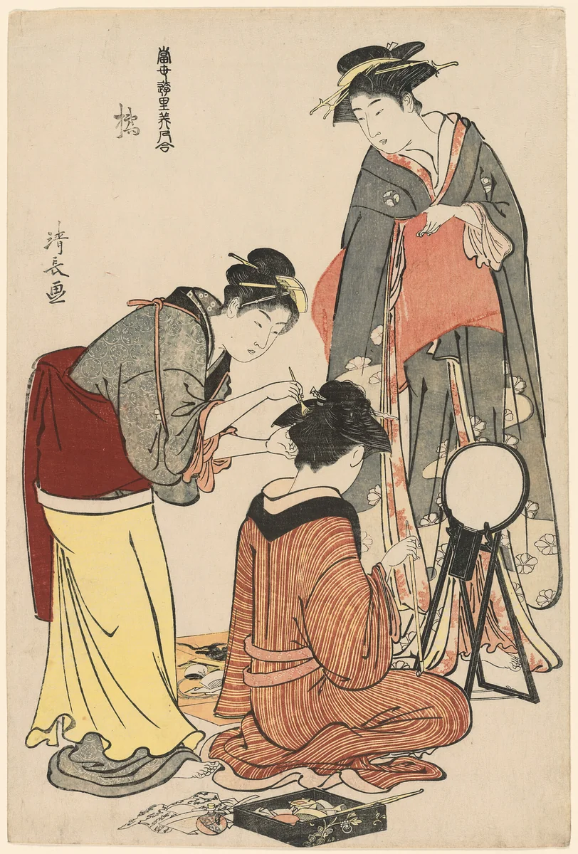 Entertainers of the Tachibana, from the series "A Collection of Contemporary Beauties of the Pleasure Quarters (Tosei yuri bijin awase)" by Torii Kiyonaga (鳥居清長), print, 1777-1787
