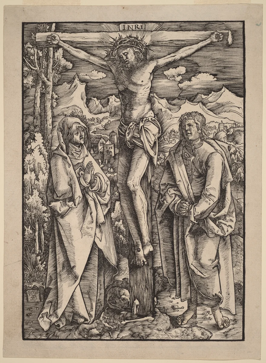 Christ on the Cross between the Virgin and Saint John by Gabriel Zehender, print, 1517