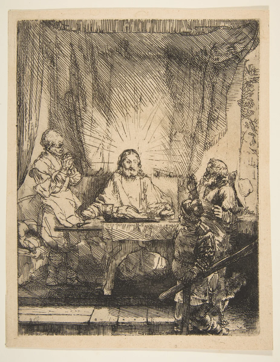 Christ at Emmaus: The Larger Plate by Rembrandt van Rijn, print, 1654