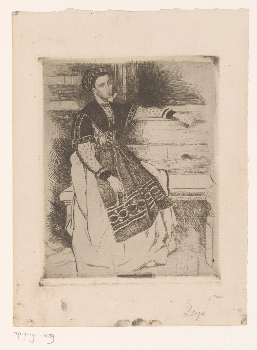 Jonge vrouw zit aan het raam by Henri Leys, print, 1825-1869