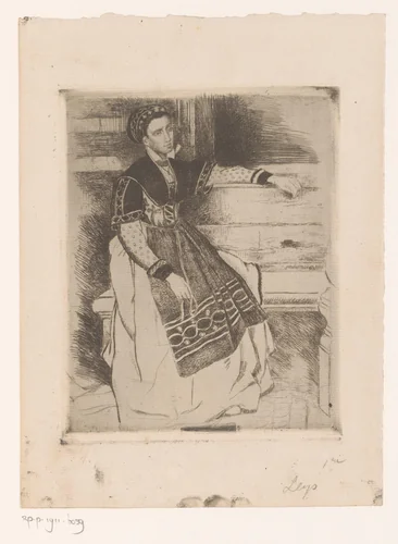 Jonge vrouw zit aan het raam by Henri Leys, print, 1825-1869