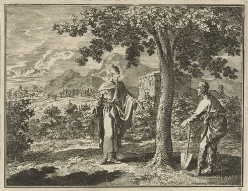 Gelijkenis van de onvruchtbare vijgenboom by Jan Luyken, print, 1712