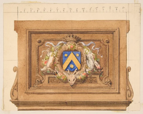 Design of a decorative panel featuring hunting trophies, a shield, and a crown by Jules-Edmond-Charles Lachaise, drawing, 1820-1897